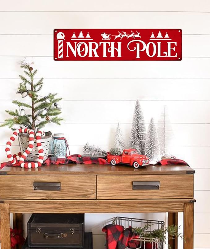 North Pole Metal Tin Sign Street Metal Tin Sign Christmas Plaque Sign Vintage Wall Decoration Home Bar Kitchen Cafe Bar Farmhouse Wall Art Sign 4x16 Inch