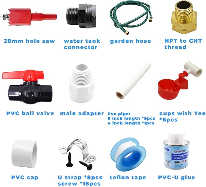 Chicken Coop Accessories – Complete Automatic PVC Pipe Watering System Kit with Hole Opener, Hoses, Valves & Red Drinking Cups for Chickens, Quail, Ducks, Geese & Other Poultry