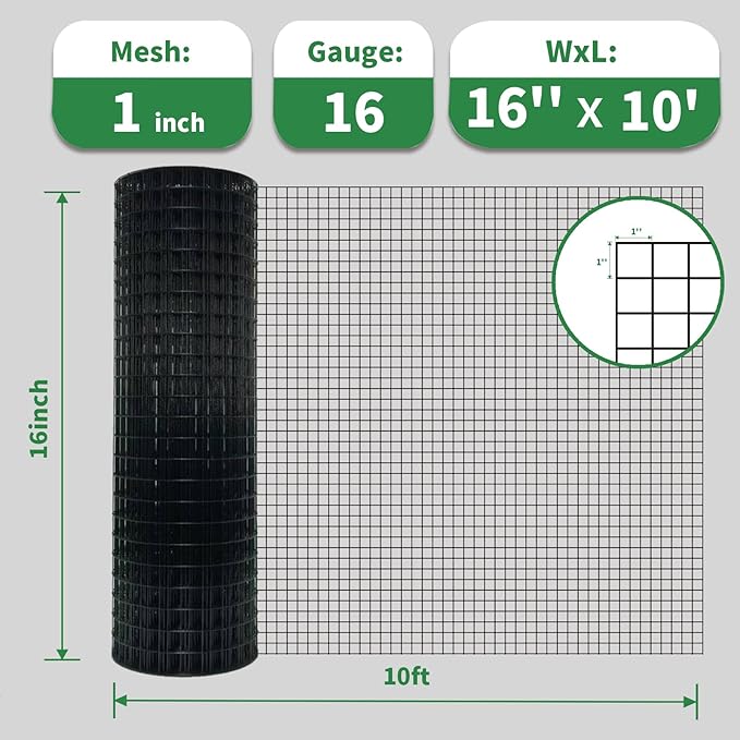 Black Hardware Cloth 16" x 10' 1 Inch 16 Gauge, PVC Coated Galvanized Steel Wire Mesh Roll, Welded Metal Fencing for Chicken Coop, Garden Fence, Poultry, Rabbit, Snake Barrier, and Home Improvement