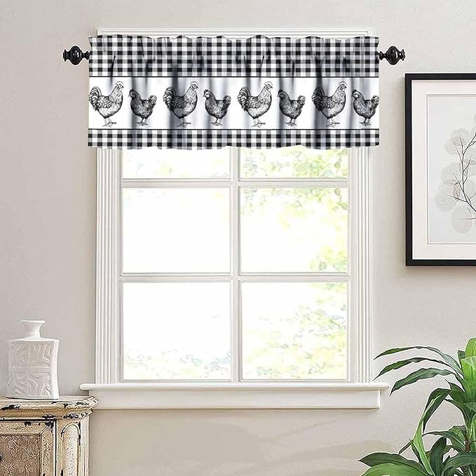 Rooster Valance Curtains Black White Buffalo Plaid Retro Rustic Farm Animals Rod Pocket Curtain Valance for Kitchen Bedroom Living Room Decor 1 Panel W54xL18 Inch