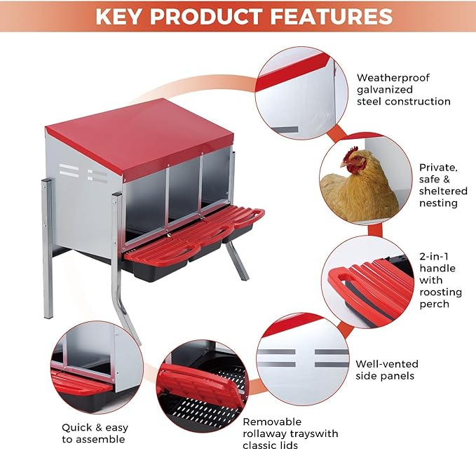 Chicken Nesting Boxes with Rollout Egg Collection – 3-Compartment Metal Hen Nest Box with Removable Trays, Slanted Roof & Ventilation, Wall Mount or Standing for Backyard Poultry Coop, Red