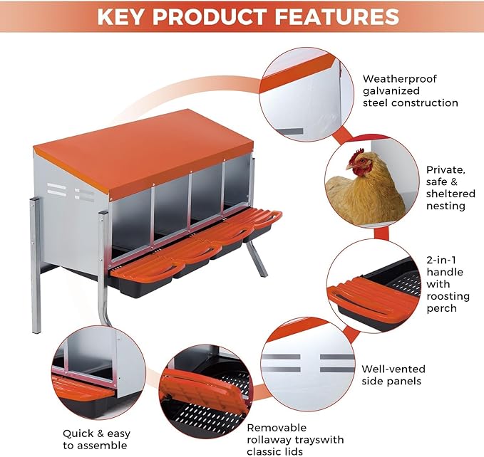Garvee Chicken Nesting Boxes, 4 Hole Roll-Away Nesting Boxes for Chickens Coop with Perch, Hens, Ducks & Other Poultry,Egg Laying Box with Lid Cover to Protect Eggs,Easy to Assemble