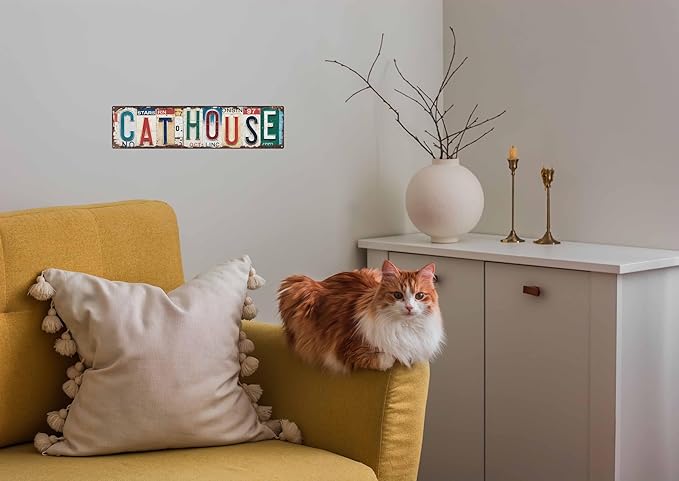 Vintage Cat House Wall Decor Street Signs Cat Lover Metal Tin Signs 4x16 in