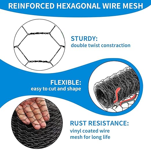 1/2 Inch Black Wire Mesh Roll - 24'' x 50' Chicken Wire Fence, 20 Gauge Hardware Cloth Poultry Netting for Garden/Animal Barrier/Rabbit/Floral/Chicken Coop/DIY Projects