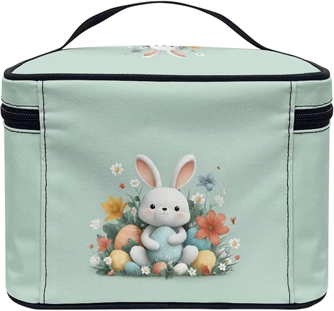Rabbit Floral Easter Egg Print Travel Makeup Bags for Women Portable Tote Cosmetic Case with Carry Handle Toiletry Accessories Storage Organizer Bags Green