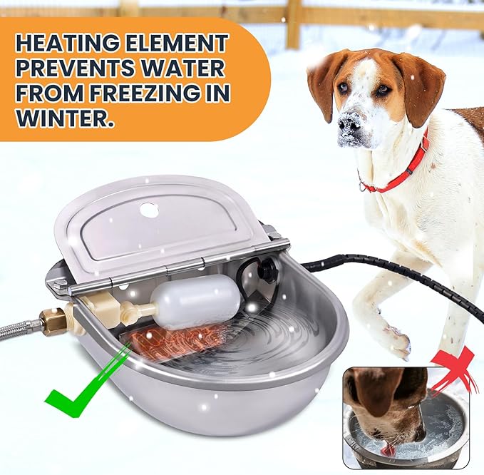 Heated Automatic Water Bowl for Dogs and Chicken, 24V Pet Thermal-Bowl with Float Valve Heated Automatic Waterer for Large Dogs Livestock Poultry