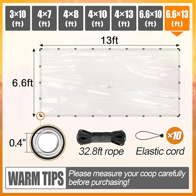 6.6x13ft Chicken Coop Covers Accessories for Winter - Easy to Install Waterproof Chicken Run Tarp with Elastic Cords & Rope