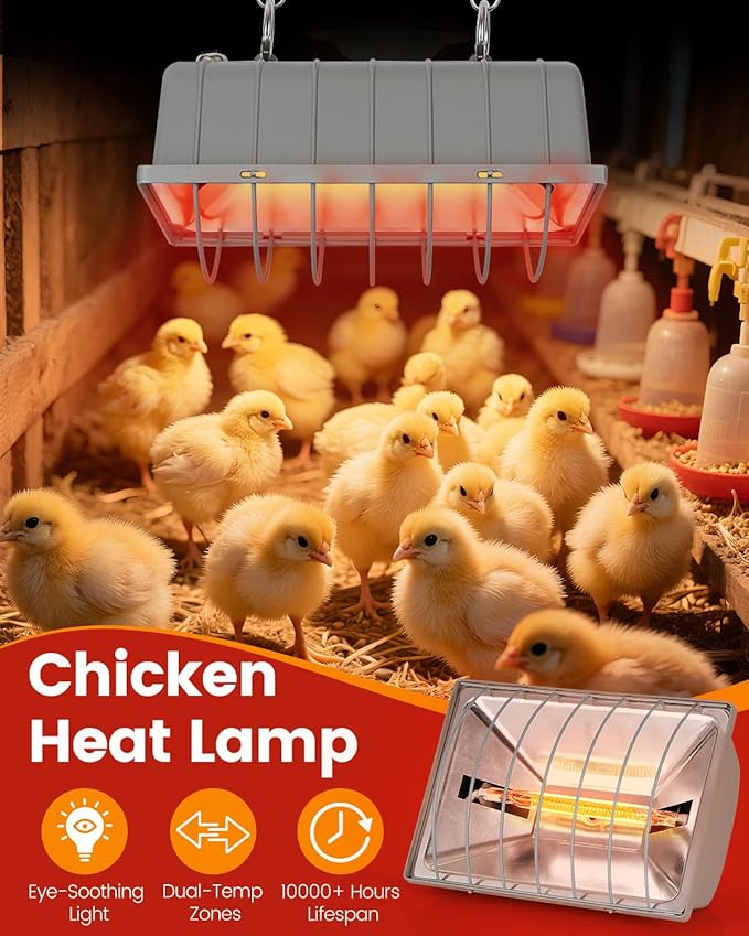 300W Dual-Mode Heat Lamp for Chickens - Long-Lasting Chicken Coop Heater & Chick Brooder Kit Companion, Safe Design with 7.87ft Cord for Poultry, Ducks, and Other Livestock