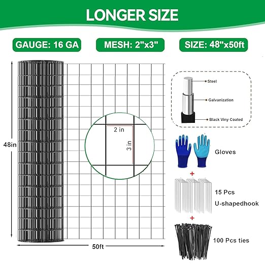 Welded Wire Fence 48inch x 50ft, 2inch x 3inch Black Chicken Wire Fencing, 16Gauge PVC Coated Garden Wire Fence Rolls, Anti-Rust Metal Fencing for Yard Plant Protection Poultry Netting