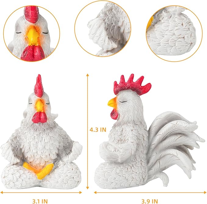 White Rooster Statue Decor for Living Room Desk Bedroom Bookshelf and Office Display, Modern Aesthetic Chicken Figurine Yoga Meditating Decoration, Unique Present for Women Christmas Birthday