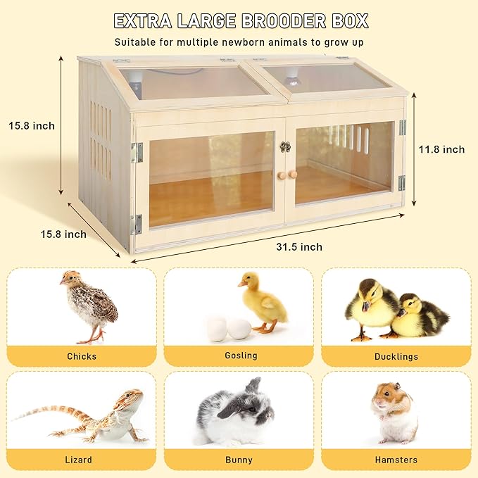 Chicken Brooder Box for Chicks with Sliding Drawer, Large Wooden Chick Brooder Box 32" Wide with Heating Lamp & Thermometer, Fully-Opened Top and Front Door for Chicks, Duck, Quail, Hamster, Reptiles