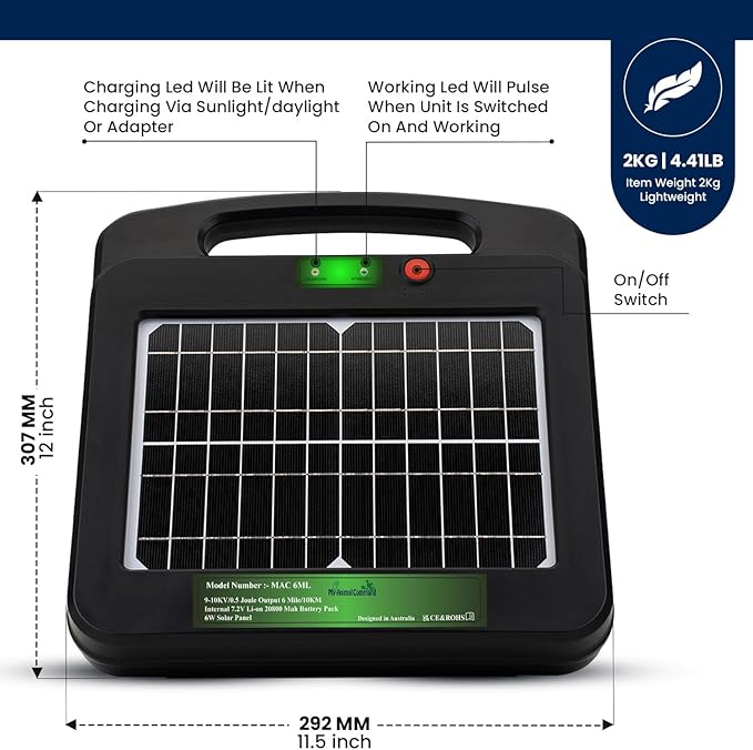 Solar Powered Electric Fence Charger 0.5 Joules Output (9-10KV) with Lithium Battery Energizer Containment & Protection of Livestock Horses Cattle Sheep Pets Easy Install