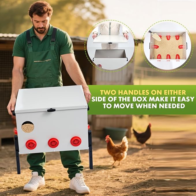 Metal Chicken Feeder with 8 Ports, 90 lbs Metal Poultry Feeder, Height Adjustable Weatherproof Feeding Box for Chickens, Geese, Ducks, Turkeys, Quails (90lbs-8 Ports)
