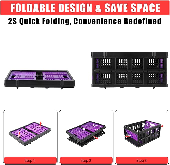 14.5 Gallon Purple Collapsible Milk Crate, Heavy-Duty Plastic Storage Container with Handles, 55 LBS Load Capacity Stackable Folding Bin for Home Office Farm Garage Basement.