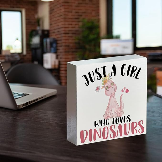 Pink Dinosaurs Wooden Box Signs, Dinosaurs Gifts for Women Girls, Dinosaurs Decor, Just a Girl Who Loves Dinosaurs Desk Signs for Tabletop Shelf Desk 5x5 Inch