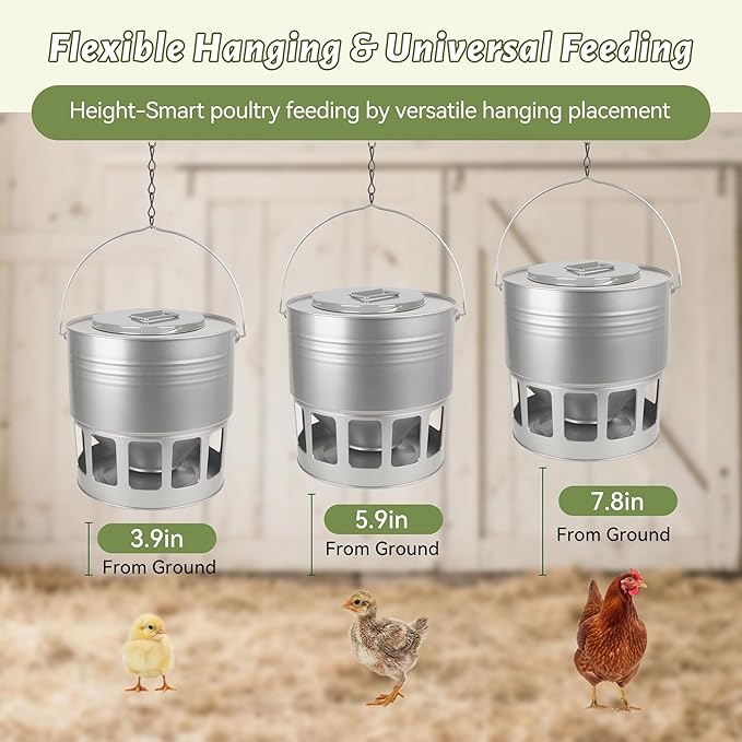 KOL Hanging Chicken Feeder – 20lbs Metal Chicken Feeder No Waste, Adjustable Poultry Feeder with 12 Ports, No Installation & Universal Height Design (Silver)