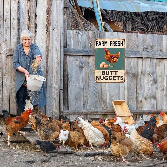 Vintage Metal Signs Chicken Coop Signs for Farm Yard Decor, Farm Tin Signs for Home Kitchen Outdoor Decor, Fresh Butt Nuggets 8x12 inches