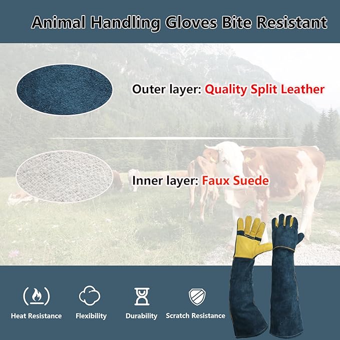 Animal Handling Gloves Bite Resistant, 23.6'' Anti Scratch Gloves for Cats, Bite Proof Leather Pet Glove for Grabbing Cat Reptile Puppy Bird Poultry or Gardening Welding (Reinforced Palm)