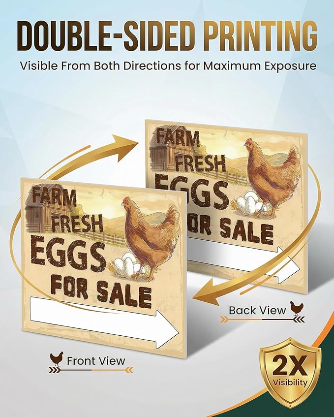 5-Pack Double Sided Farm Fresh Eggs Sale Signs with 10 Reinforced Fiberglass Stakes for Backyard Chicken Farm Advertising,16x12"