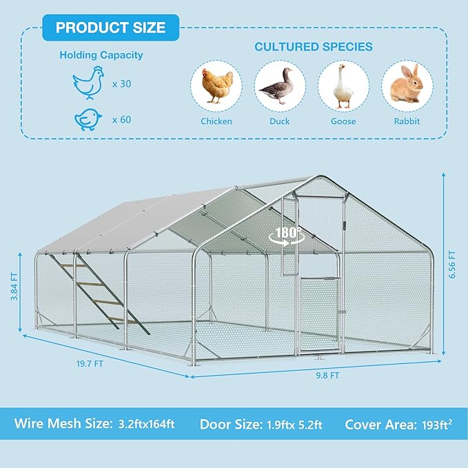 Large Metal Chicken Coop, Chicken Runs for Yard with Cover, Walk-in Chicken Run, Outdoor Chicken Pen, Heavy-Duty Galvanized Frame with Roosting Ladder,10x20x6.5FT