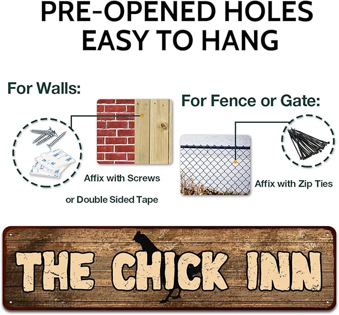 Rustic Metal "The Chick Inn" Tin Sign Art Wall Decor Funny Outdoor Garden Farm Signs, Chicken Gifts Coops Farmhouse Decor Hen House 4" by 16"