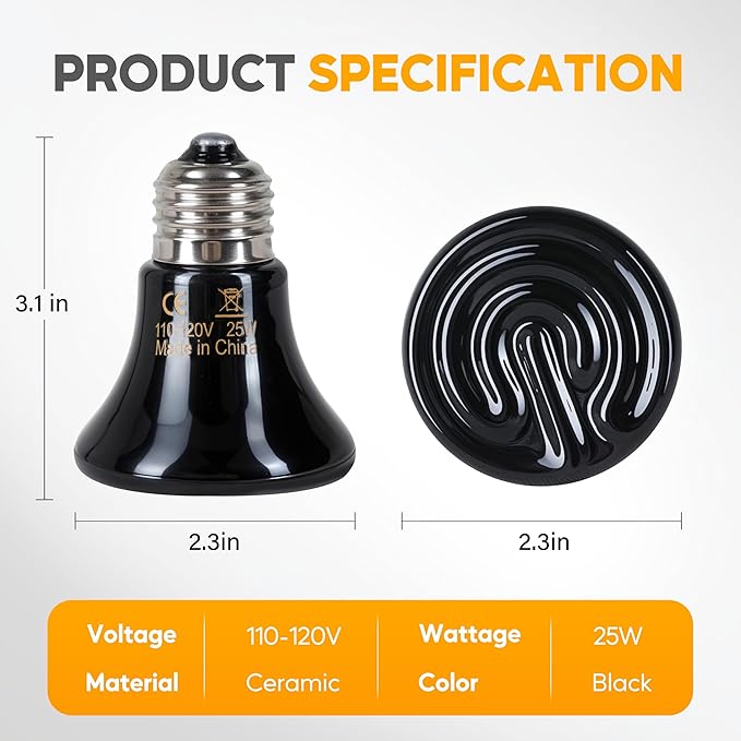 HealSmart 25W Mini Reptile Heat Lamp Ceramic Heat Emitter, No Light Emitting Heat Bulbs, Suitable for Snake/Lizard/Spider, Plant Growth and Incubating Chicken, 2-Pack