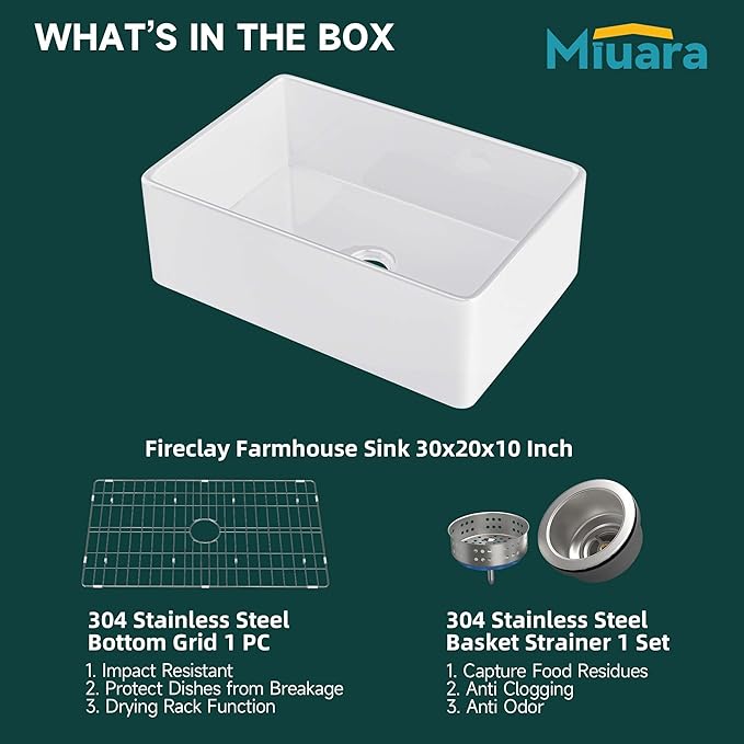 Miuara Farmhouse Sink 30 Inch - White Apron Front Undermount Kitchen Sink Reversible 30"x20"x10", Farm House Style Deep Single Bowl, Heavy Duty Solid Fireclay, Glossy White, for Kitchen