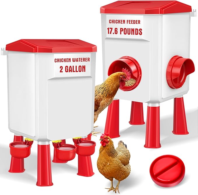 Chicken Feeder and Waterer Set with 2 Gallon/17.6 Pounds, Automatic Chick Feeder and Waterer Set No Waste， Poultry Feeder Large for Hens/Ducks/Poultry