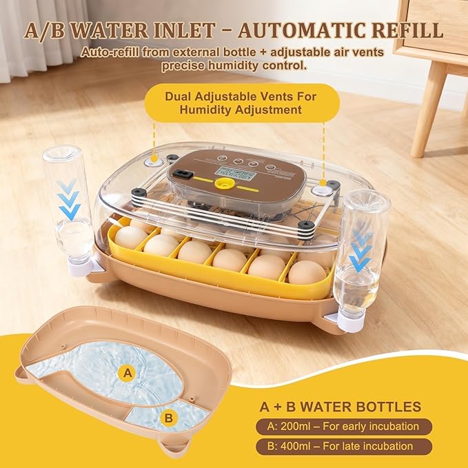 Series III - 24 Egg Incubator for Hobbyists, Full-Stage Adaptive Humidity (Dual-Bottle) & Temp Control, Custom-Interval Auto Turn & Auto Stop, Preset Incubation Days, Adjustable Egg Spacing