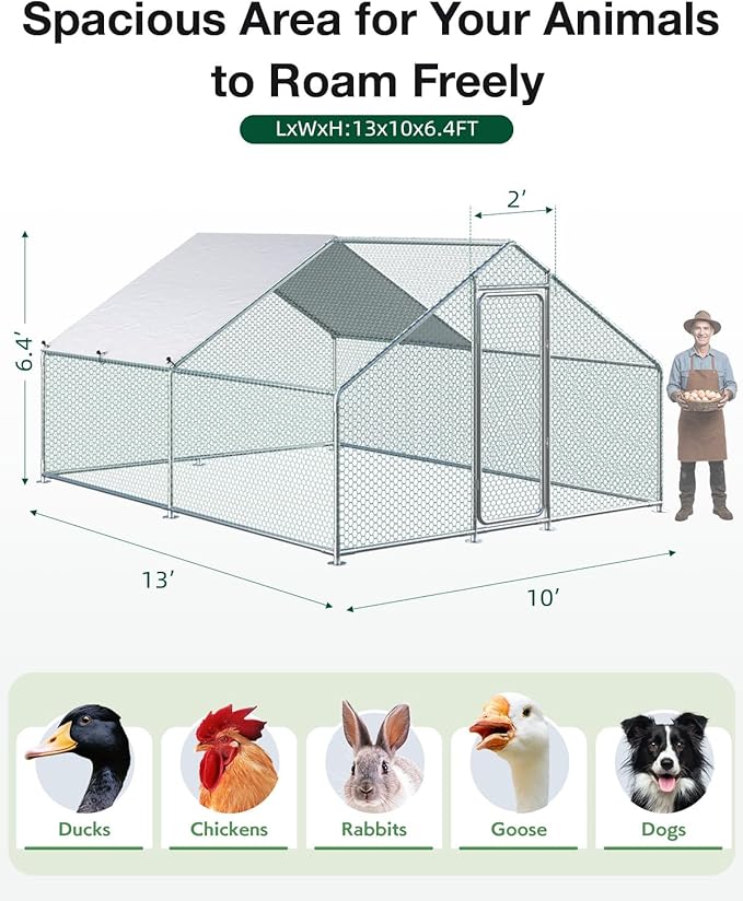 Esright Large Metal Chicken Coop Run for Yard with Cover, 13x10x6.4 FT Walk-in Chicken Pen for Outdoor, Backyard, and Farm, Hen Cage House Suitable for 8-12 Chickens, Spire Roof