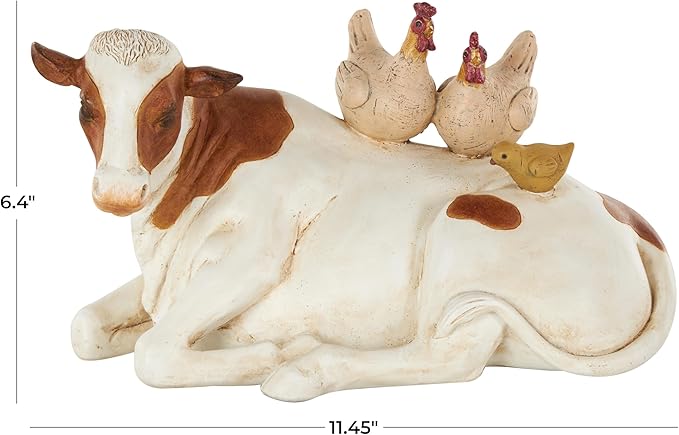 Deco 79 Polystone Cow Sleeping Sculpture with Sitting Roosters and Chicks, 11" x 6" x 6", Cream