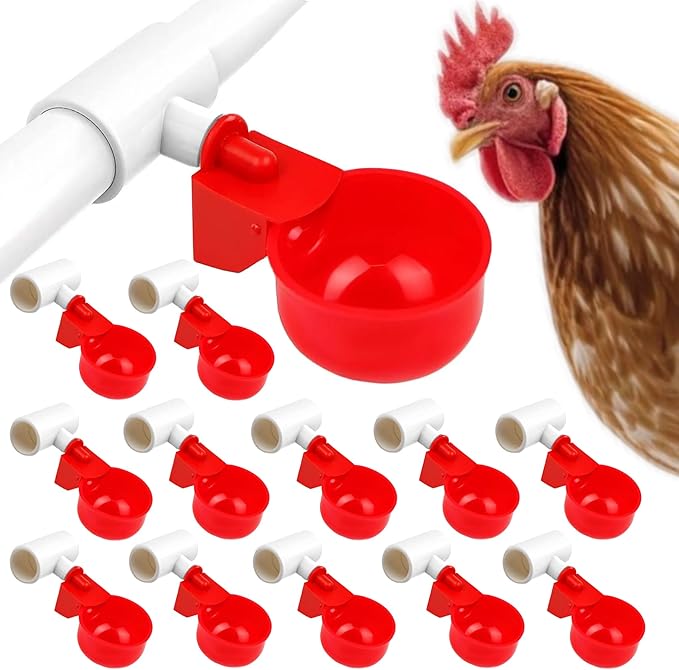 24 Pack Automatic Chicken Waterer Cups Kit, Gravity-Fed Poultry Drinker with PVC Tee Fittings for DIY 1/2" Pipe System for Chickens, Ducks & Turkeys (12 Cups + 12 PVC Tees, 24-Piece Kit)