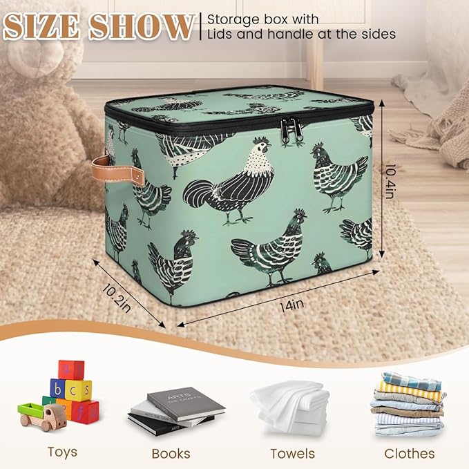 Modern Farmhouse Animal Chicken Storage Bins With Lids Fabric Collapsible Storage Box with Leather Handles for Home Bedroom Foldable Closet Shelf Organizer