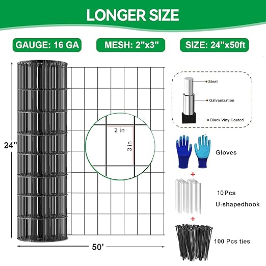 Welded Wire Fence 24inch x 50ft, 2inch x 3inch Black Chicken Wire Fencing, 16Gauge PVC Coated Garden Wire Fence Rolls, Anti-Rust Metal Fencing for Yard Plant Protection Poultry Netting