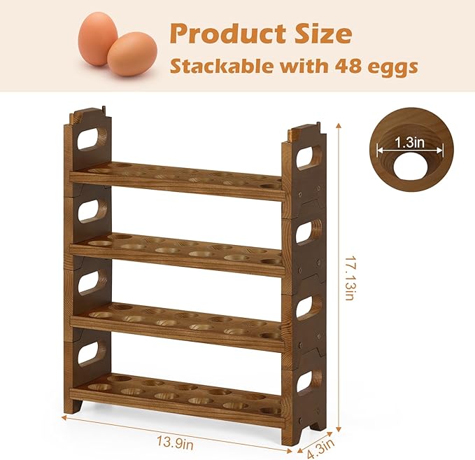 Wooden Egg Holder Countertop Fresh Chicken Egg Holders Storage for Gathering Fresh Eggs, 4-Tier Stackable with 48 Eggs, Farmhouse Home Eggs Rack Organizer Decoration