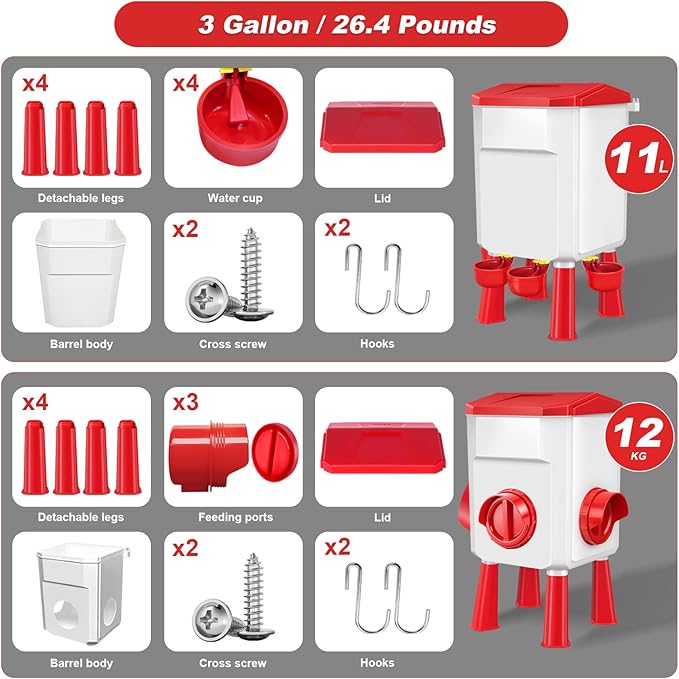 Chicken Feeder and Waterer Set with 3 Gallon/26.4 Pounds, Automatic Chick Feeder and Waterer Set No Waste, Poultry Feeder Large for Hens/Ducks/Poultry