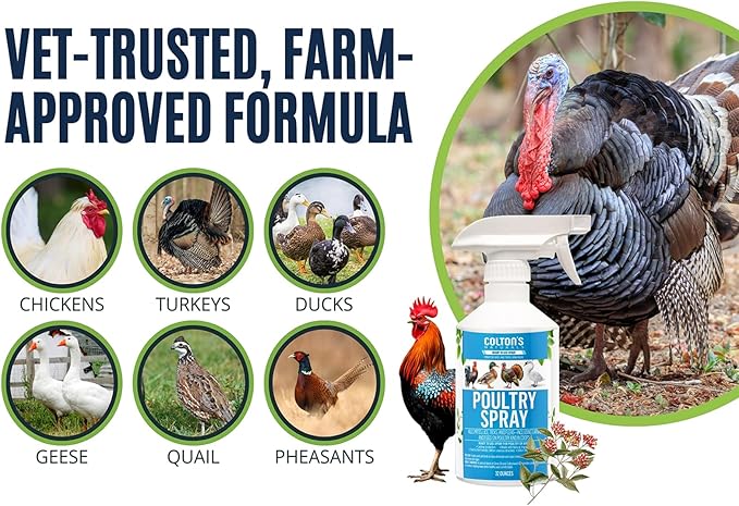 Colton’s Naturals Poultry Spray 32 oz – for Chickens – Helps with Mites, Lice, Fleas & Scaly Leg – Safe for Coops, Birds & Backyard Poultry