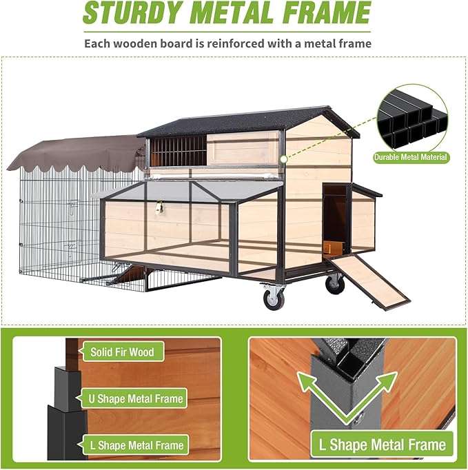 Extra Large Mobile Chicken Coop with Run, Portable Chicken Tractor with Wheels, 76.7" L Hen House Poultry Cage with All-Around Iron Frame, Metal Sliding Tray, 6 Nesting Boxes for 6-8 Chickens
