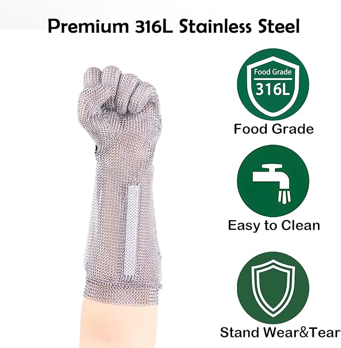 15cm Long Chainmail Glove for Butcher, Finger Protective Safety Work Glove, Cut Resistant Glove Food Grade,316L Stainless Steel Metal Mesh Gloves with Metal Craw (L)