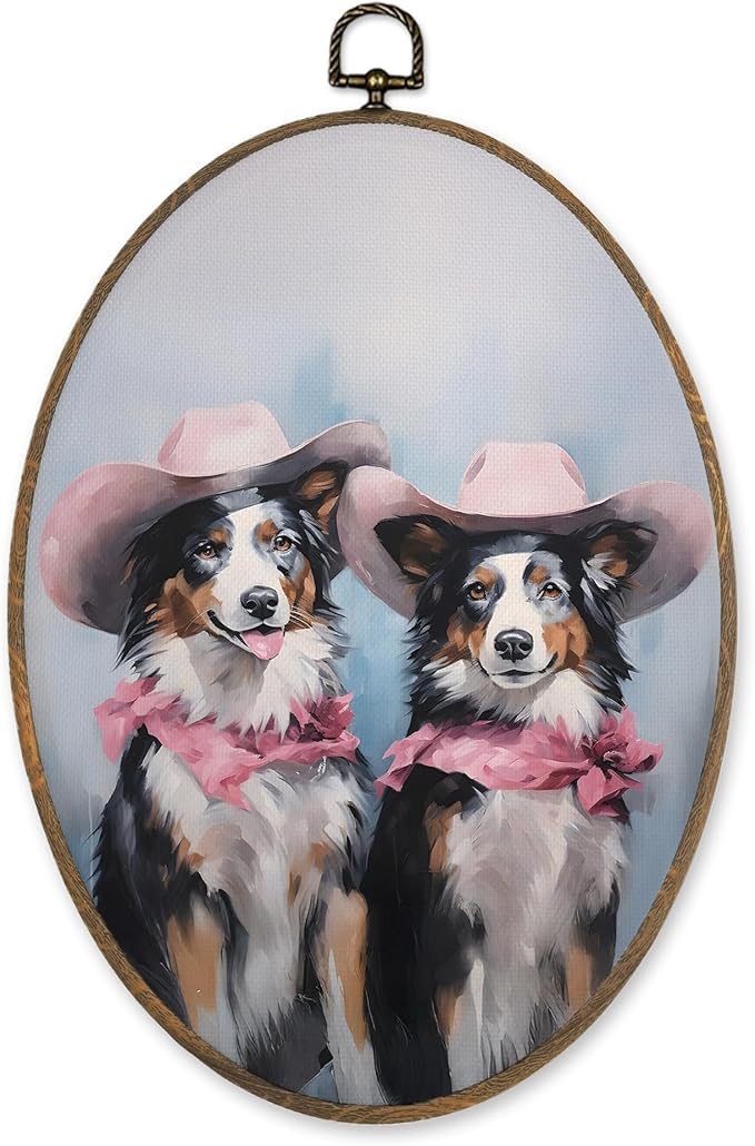 LKETW Vintage Western Australian Shepherd Oval Wall Art Decor, Pink Cowgirl Aussie Dog Oval Canvas Hanging Decor, Australian Shepherd Gifts Wall Decorations for Girly Bedroom Room Home, 8.6x11.4 Inch