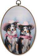 LKETW Vintage Western Australian Shepherd Oval Wall Art Decor, Pink Cowgirl Aussie Dog Oval Canvas Hanging Decor, Australian Shepherd Gifts Wall Decorations for Girly Bedroom Room Home, 8.6x11.4 Inch
