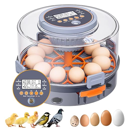 Incubator, Egg Incubator, Incubator for Hatching Eggs with Egg Candler, Automatic Egg Turner, Temperature& Humidity Control for Chicken, Duck, Quail,Goose, Carrying Handle Design,360° Viewing