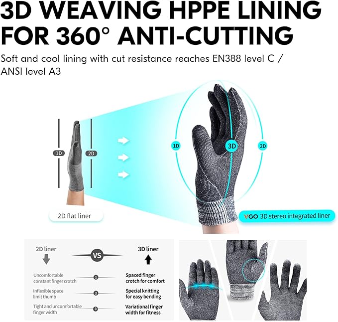 Vgo... Cutproof Gloves,Cut Resistant Gloves,HPPE Anti-cut Liner,Hand Protection,ANSI A3,Touchscreen