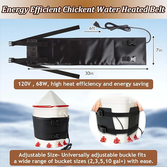 7" W×30" L Chicken Water Heater Belt Strap, Energy Saving Heated Poultry Coop Waterer Warmer with 6ft Cable for Prevent 2-5 Gal Bucket Freeze in Extremely Cold Winter,Auto Temp Control& Easy Install