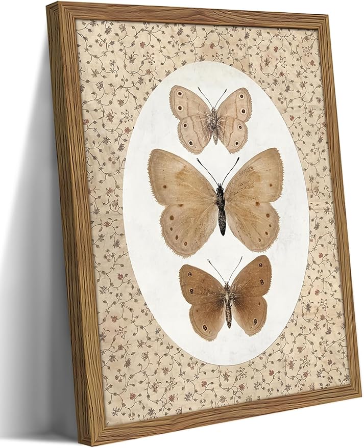 Framed Butterfly Canvas Wall Art, Vintage Butterfly Pictures Posters Wall Decor, Modern Farmhouse Decor, Rustic Retro Butterflies Paintings Prints for Bedroom Bathroom Shelf 12x16 inch