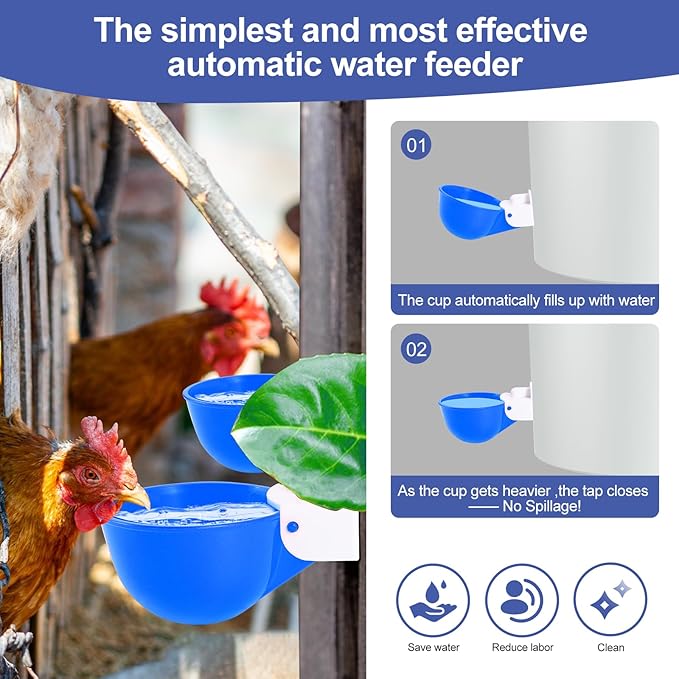 Chicken Waterer Cups (16 Pack/Blue) - DIY Automatic Large Chicken Water Feeder for Ducks Quail and Various Poultry Dispenser with Matching Drill, Double Rubber Ring, Not Leaking Wate