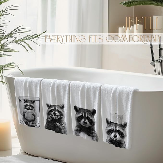 Raccoon Bathroom Decor Hand Towels, Raccoon Gifts for Women, Animal Lover Gifts, Black and White Funny Animal Hand Towels for Bathroom Washroom Restroom Decor, 16x24 Inch, Set of 4