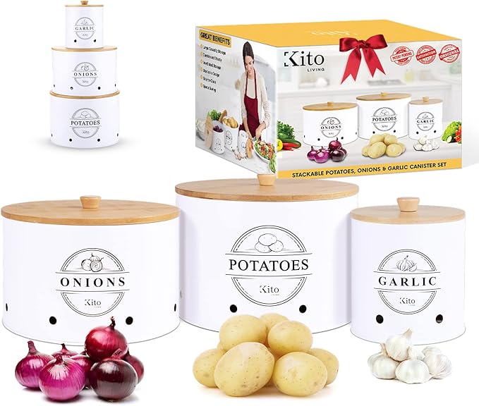 Canister Sets for Kitchen Counter with Wooden Bamboo Lids, Kitchen Canisters for Countertop, Stackable Steel Farmhouse Canisters for Potato Storage, Onion and Potato Storage Bins - White