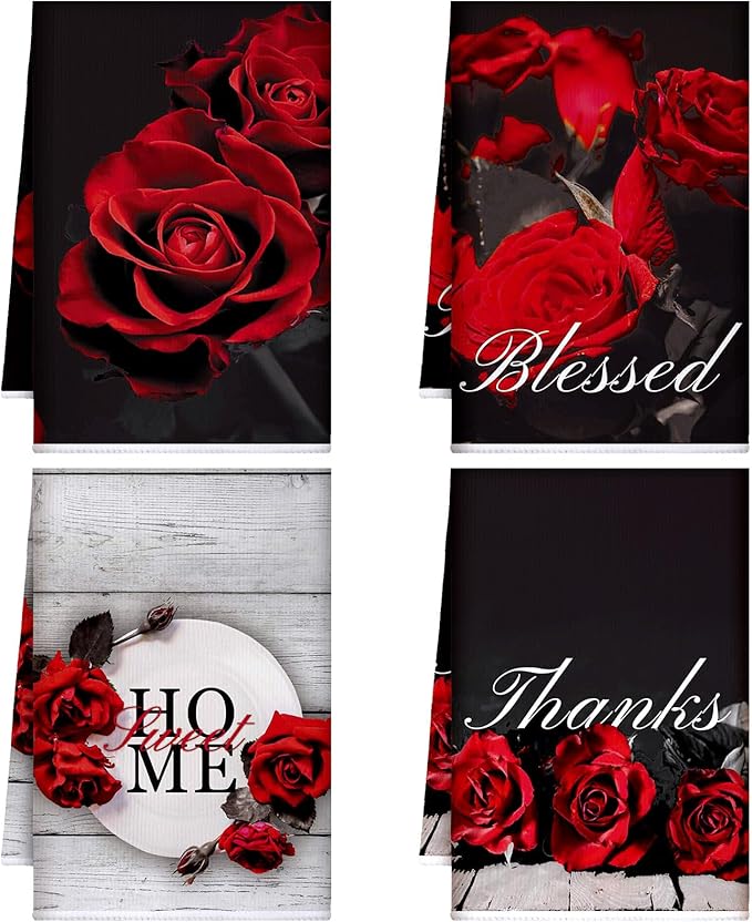 Geyoga 4 Pcs Chicken Kitchen Towels Rooster Dish Hand Towels Farm Animal Cow Vintage Rustic Tea Cloth for Spring Easter Bathroom Farmhouse Decor Gifts, 16 x 24 Inch(Red,Roses)