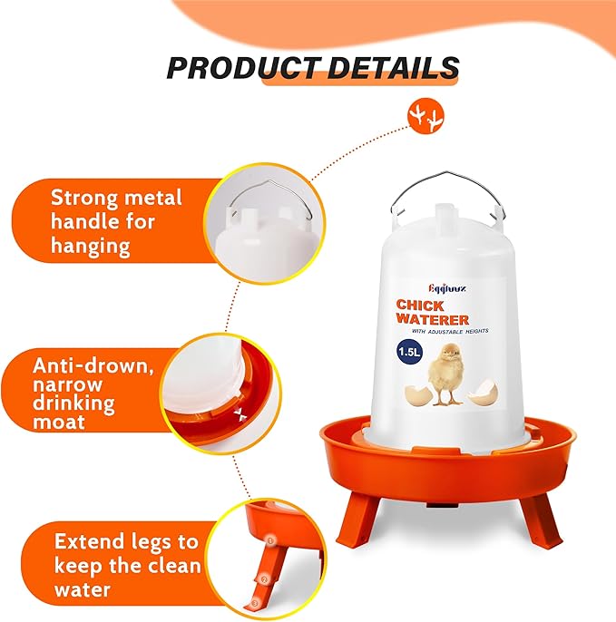 Chick Feeder and Waterer Kit, Top Fill 1.5kg Chick Feeder and 1.5L Chick Waterer with 3 Adjustable Heights